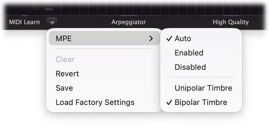 Twin 3 MIDI menu with the MPE settings shown in FabFilter documentation