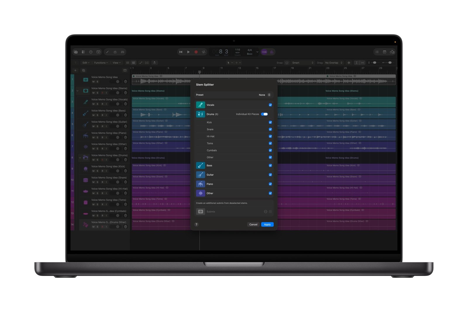 Apple screenshot showing the forthcoming Logic Pro Stem Splitter