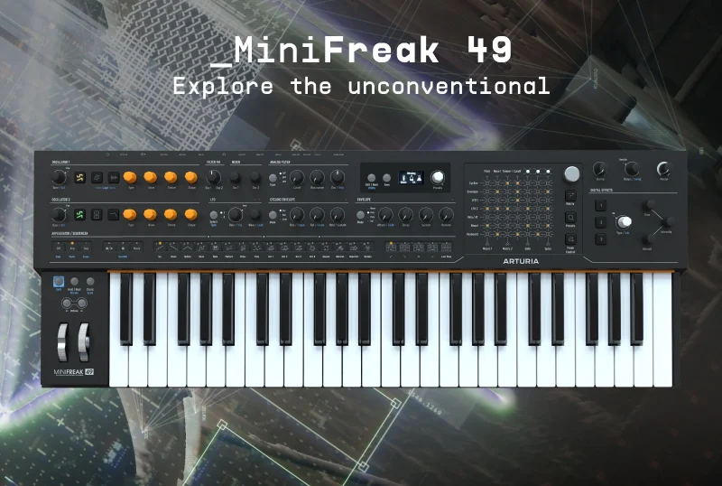 Arturia MiniFreak 49 keyboard and front-panel controls, official press image