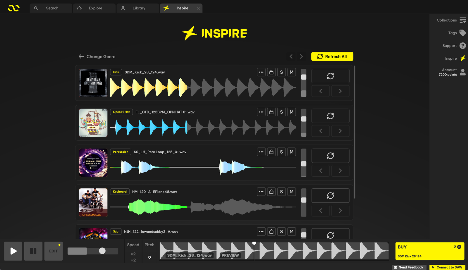 Loopcloud Inspire with separate kick, hi-hat, percussion, keyboard and sub layers