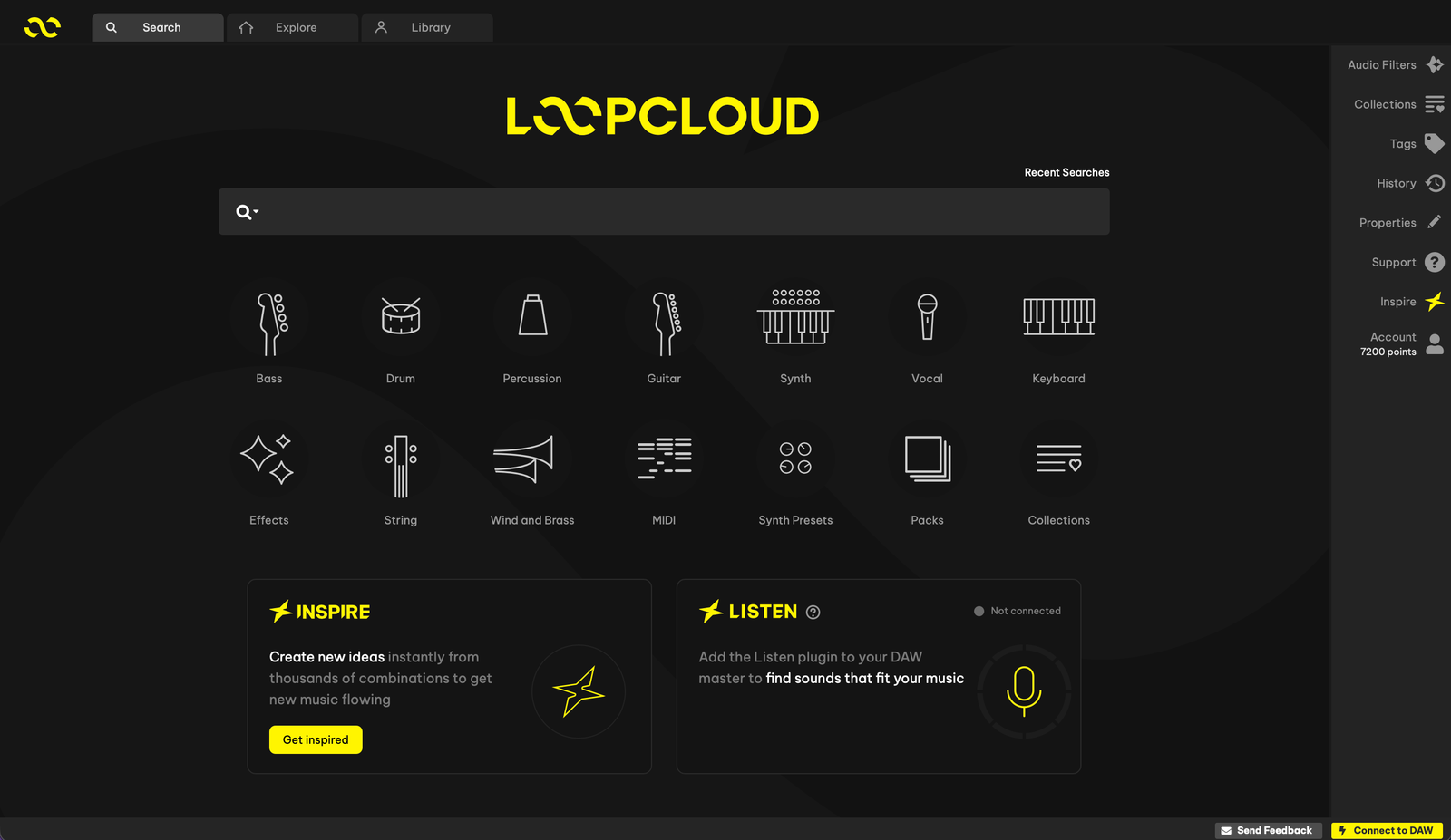 Loopcloud 8 desktop interface with Listen and Inspire