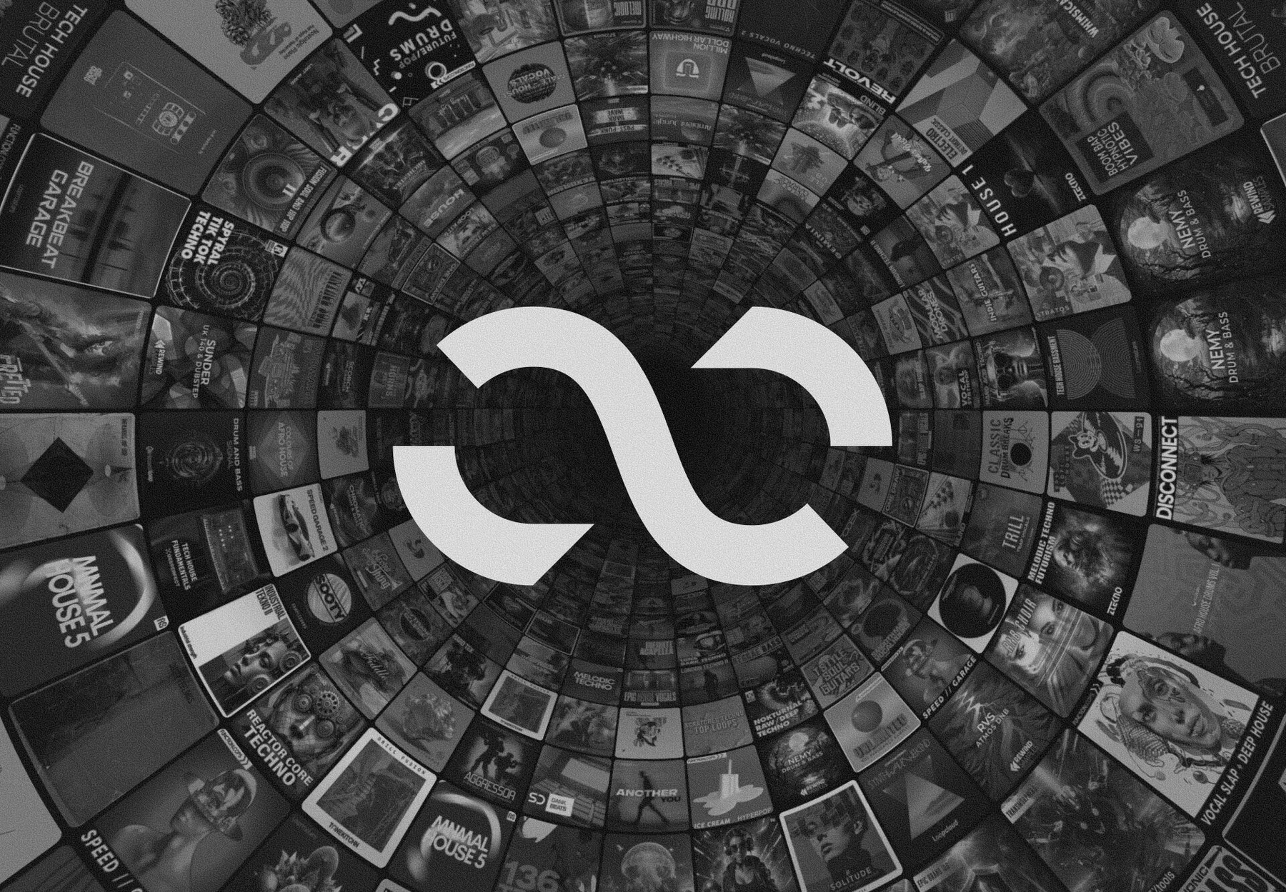 A tunnel of sample-pack artwork surrounding the Loopcloud logo